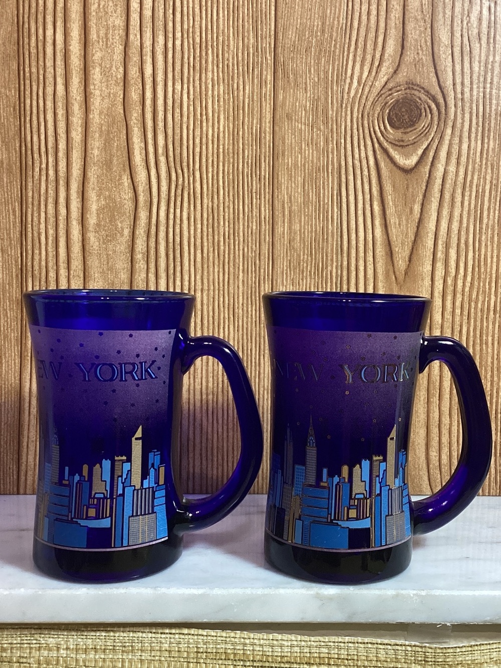 Vintage Cobalt Blue New York City Skyline Glass Mugs - Set of 2